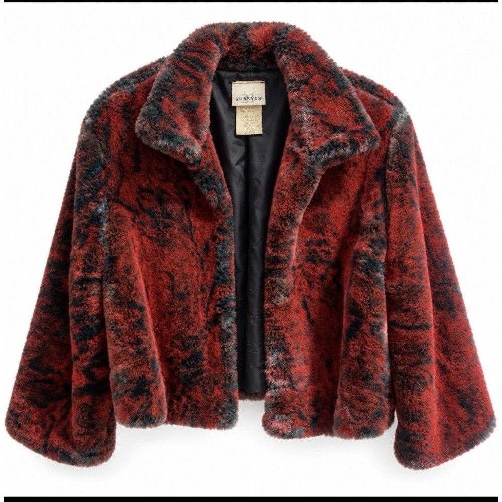 Vintage 90s Forever 21 Red Black Faux Fur Jacket Made in USA White Tag Coat VTG